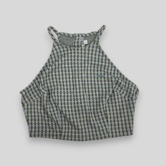 90s Vintage GUESS Houndstooth Cropped Knit Halter Top Green Blue Size L - Picture 1 of 5